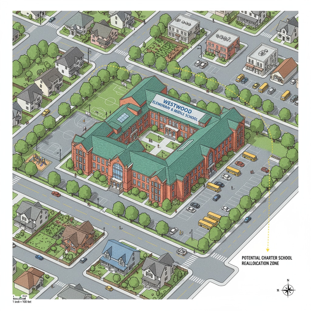 An aerial view of a public school building that could potentially be reallocated to a charter school, showing its size and location within the neighborhood. Aerial view of a public school building related to school district, public schools, charter schools, school building reuse