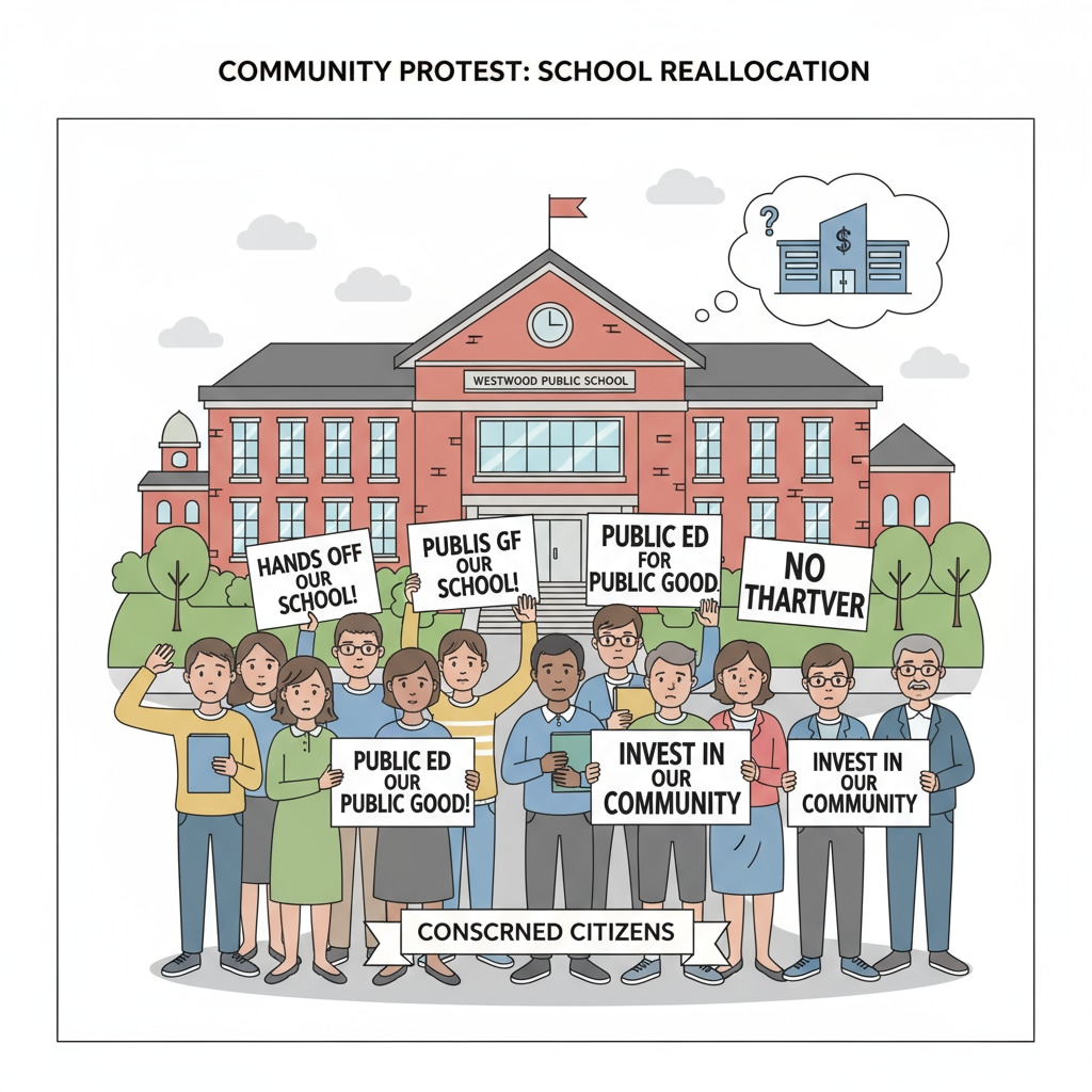 A group of students and community members holding signs and protesting the reallocation of a public school building to a charter school, expressing their concerns. Students and community members protesting the reallocation of a public school building relevant to school district, public schools, charter schools, school building reuse