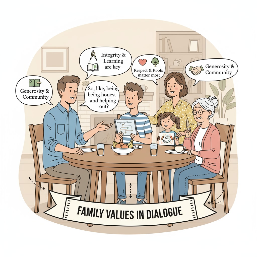 A family discussing values at the dinner table, highlighting the role of family education in bias transmission and ideological diversity.