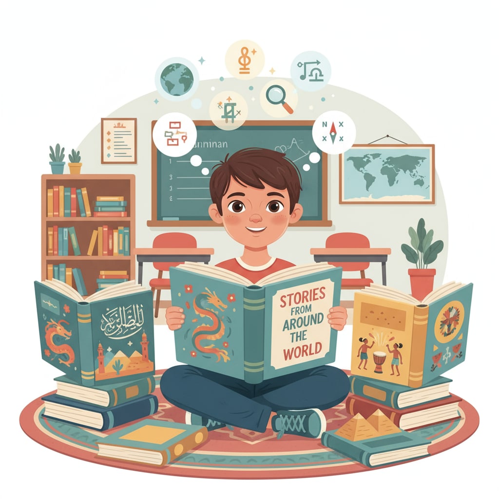 A child exploring diverse ideas through reading books from various cultures, related to family education and ideological diversity.