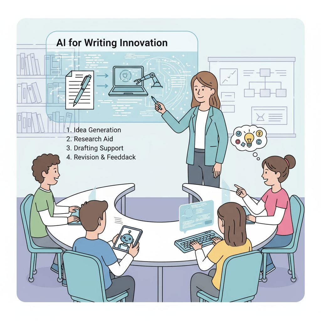 Teacher guiding students on using AI for writing innovation to develop their authorial styles