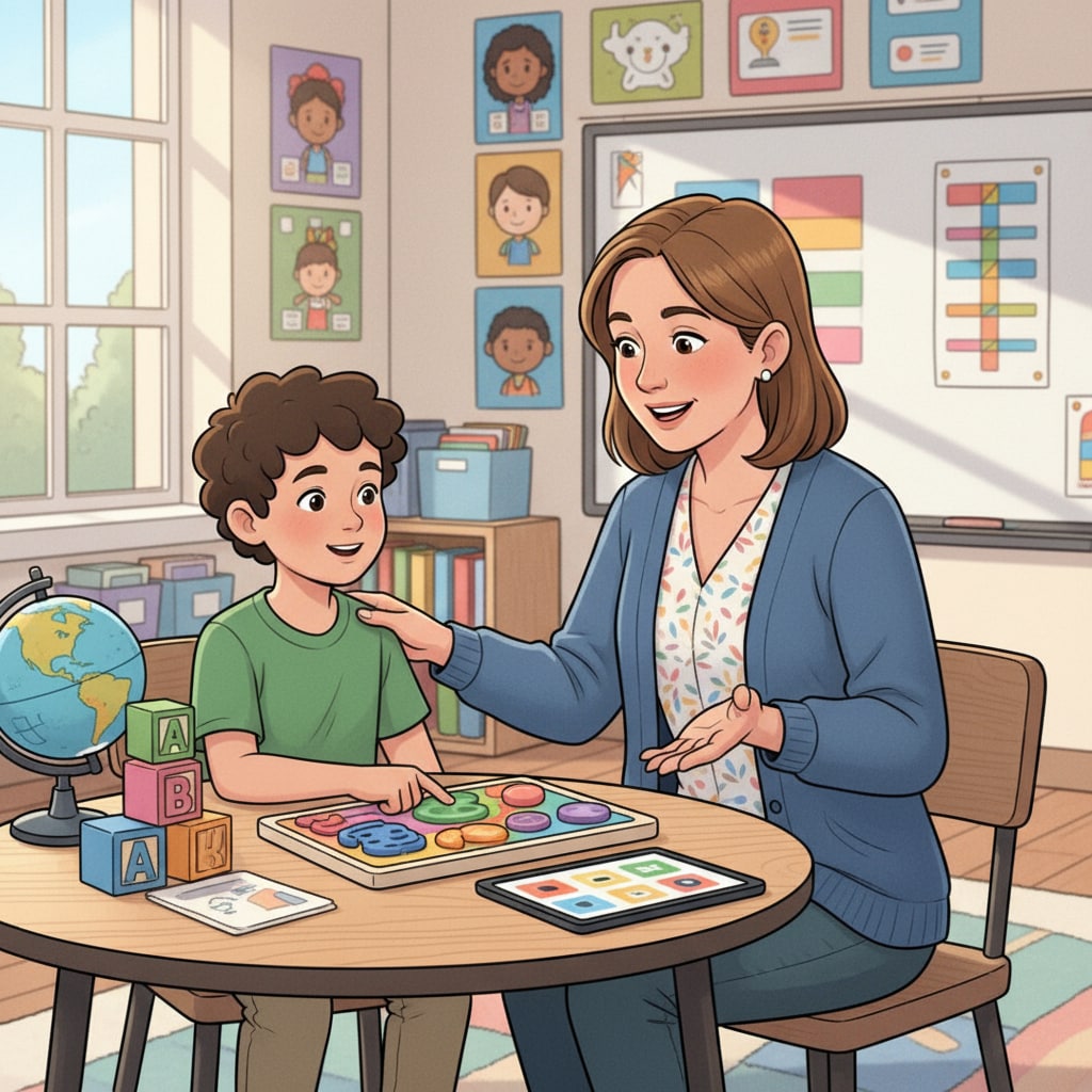 Special education teacher communicating with a student as part of career transition skills