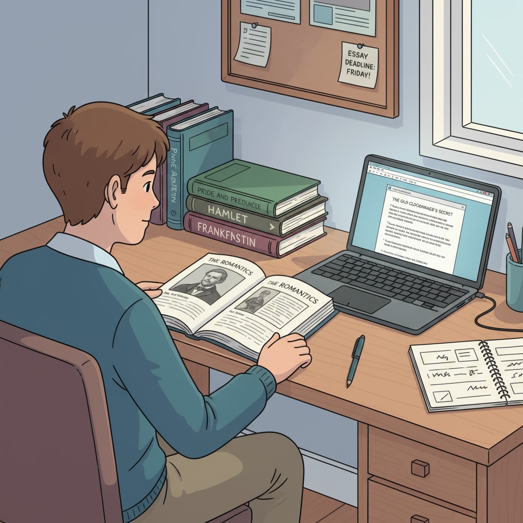 A student studying British literature and working on creative writing at a desk