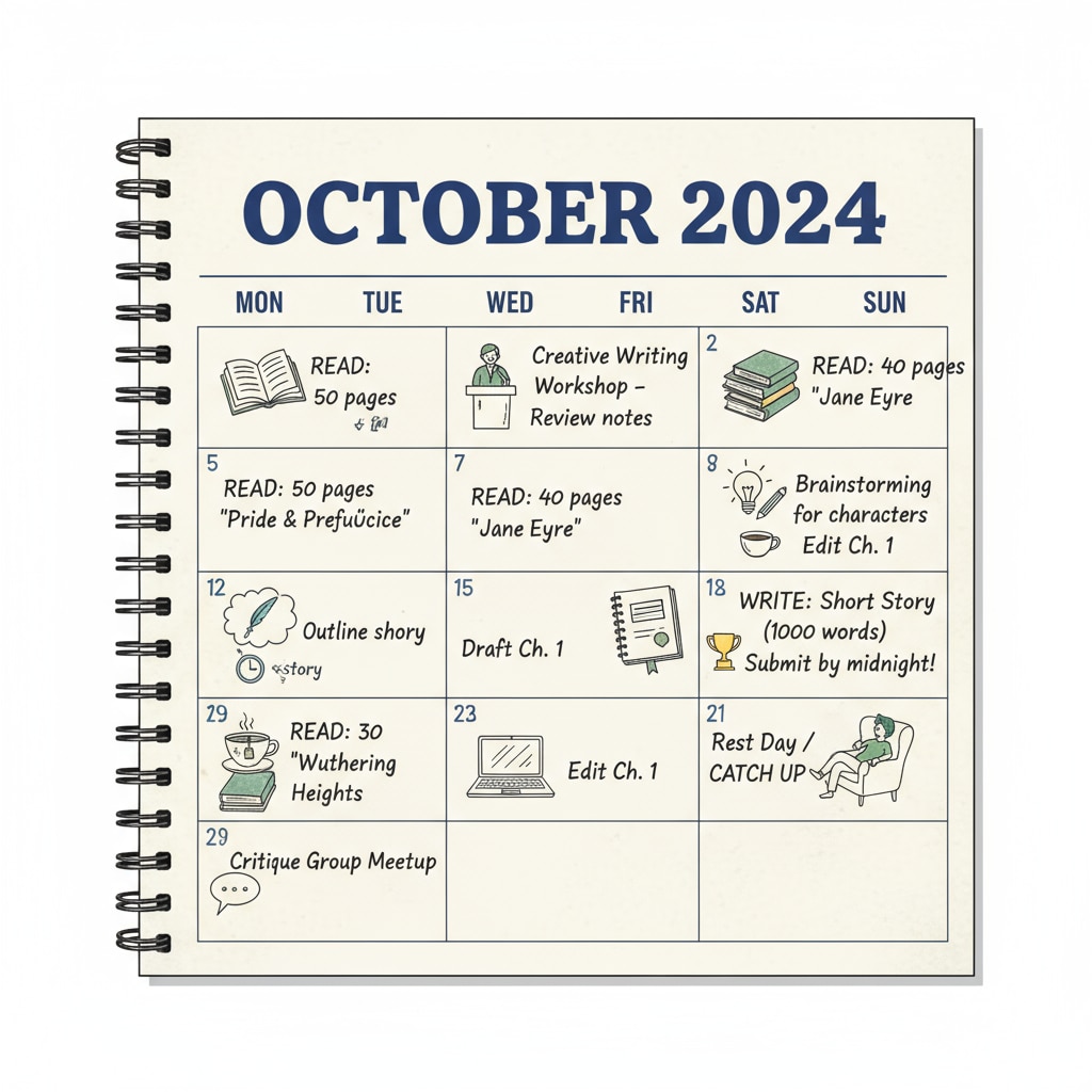 A calendar with tasks related to British literature and creative writing studies