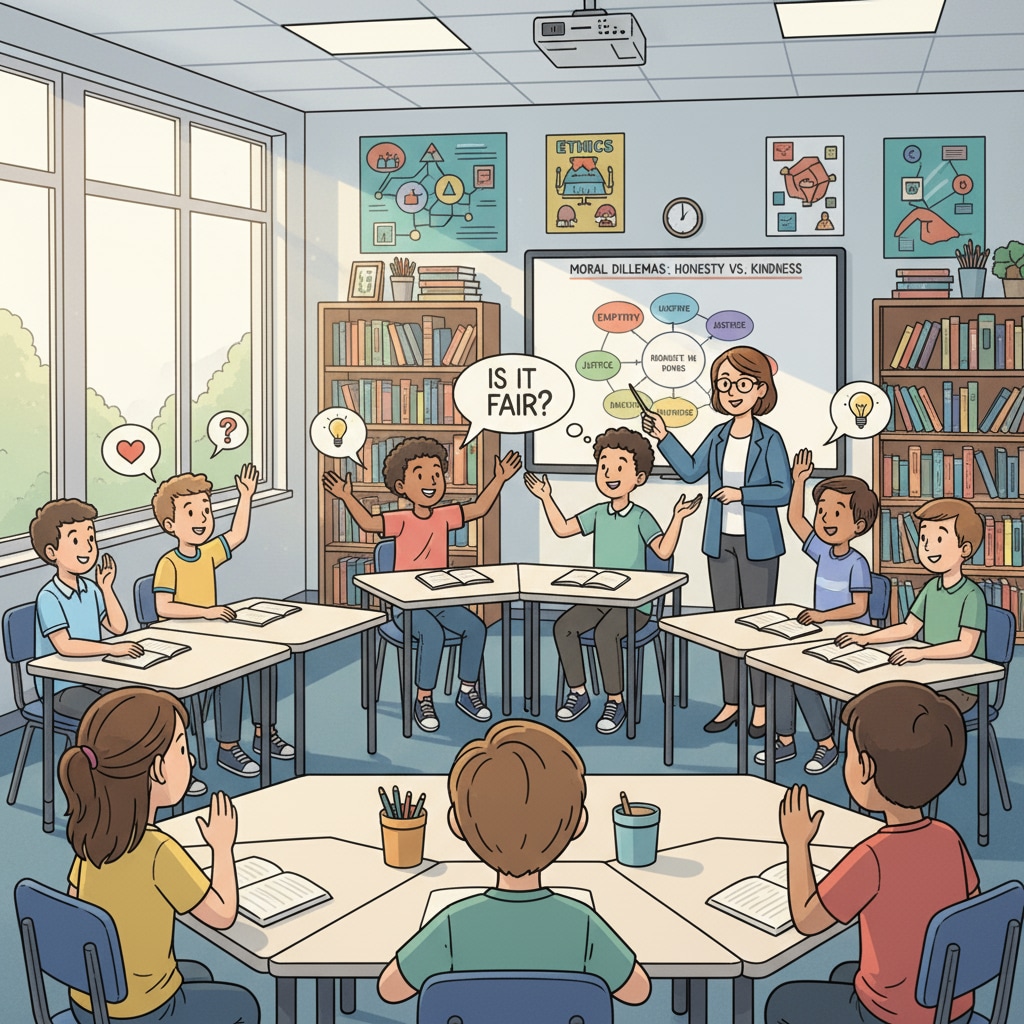 Students discussing moral relativism, shared values, and social division in a classroom
