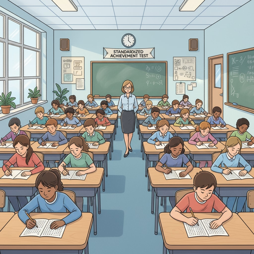 Students taking a standardized test related to school education, life skills, and practical knowledge