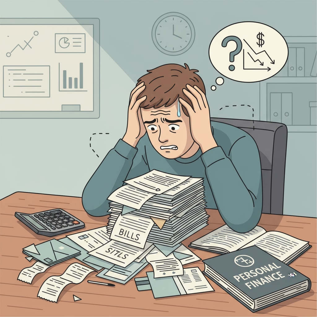 A young person struggling with financial management in relation to school education, life skills, and practical knowledge