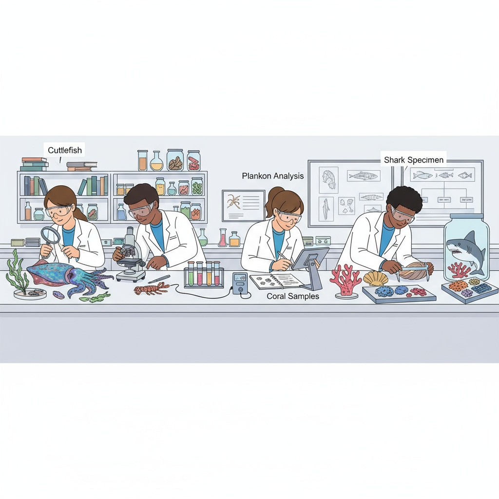 Students studying marine biology specimens in a laboratory related to science degrees, marine biology, and prior knowledge