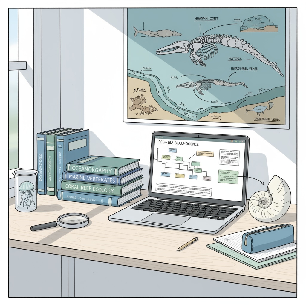 A student studying marine biology textbooks with a laptop in the context of science degrees, marine biology, and prior knowledge
