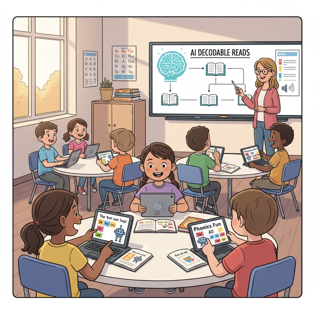 Students using AI-generated decodable reading materials in educational application