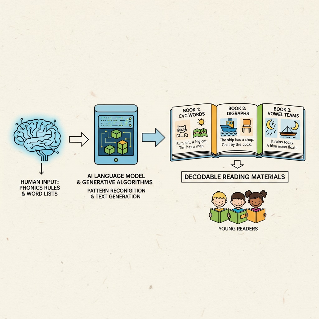 Graphic showing the process of AI in creating decodable reading materials for educational purposes
