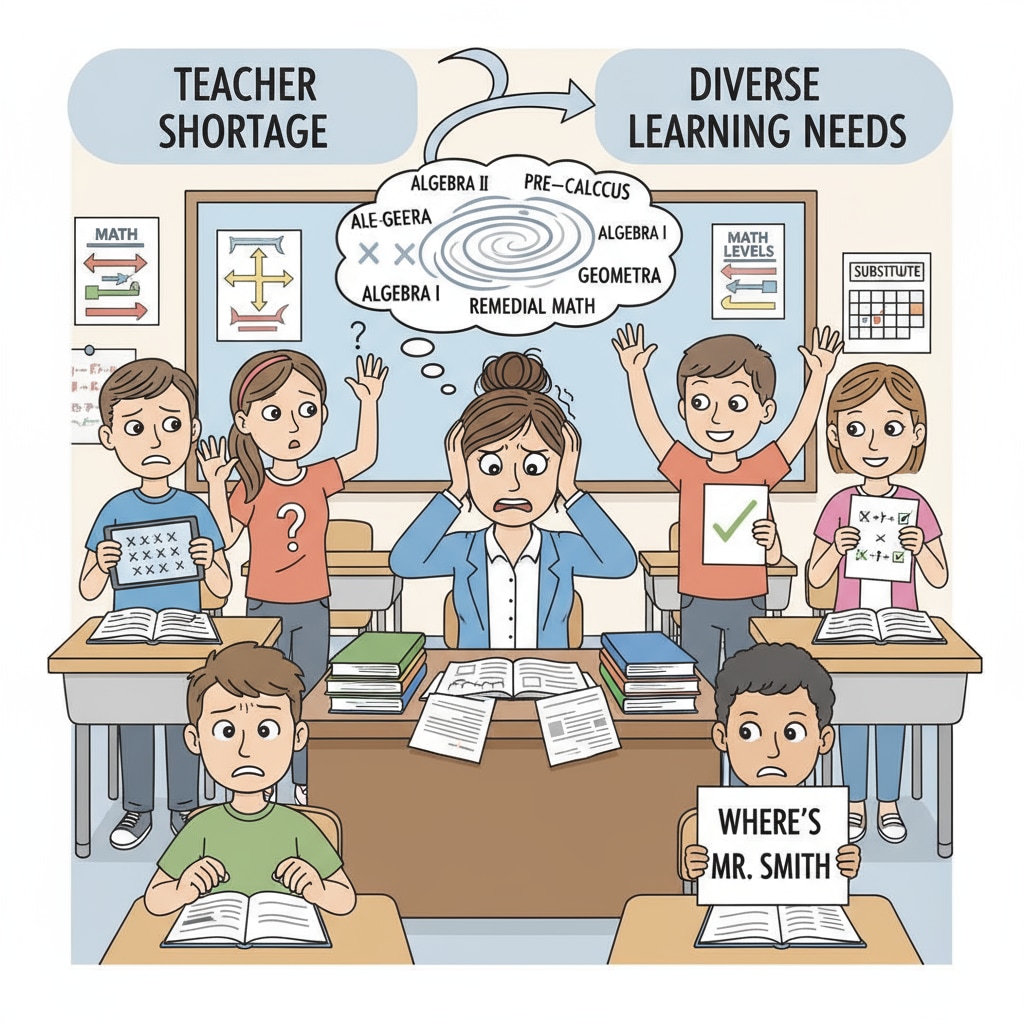 Classroom scene showing teacher shortage and student classification in mathematics education