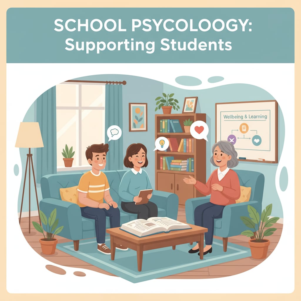 Students interacting with a school psychologist in a school setting related to career choices in education between school psychology and administration