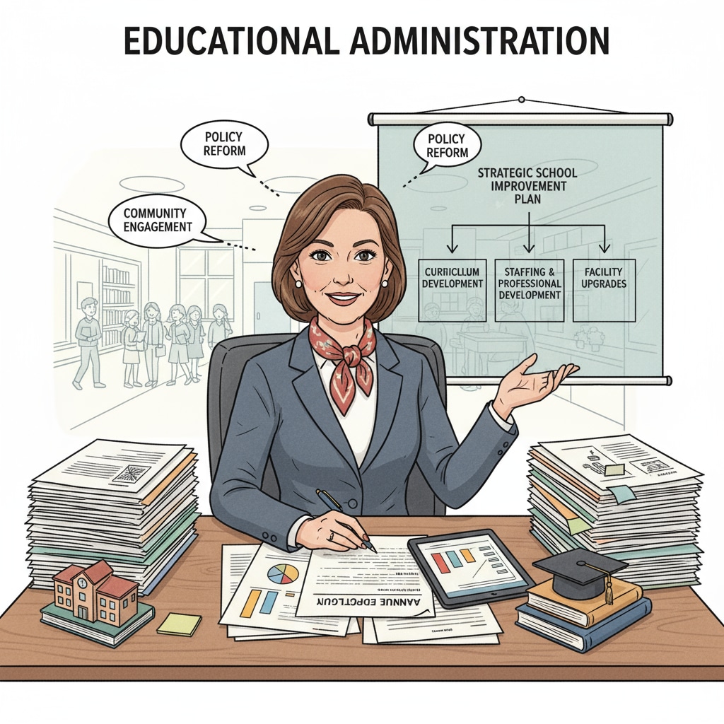 A school administrator making decisions in an office, relevant to career choices between school psychology and administration in education