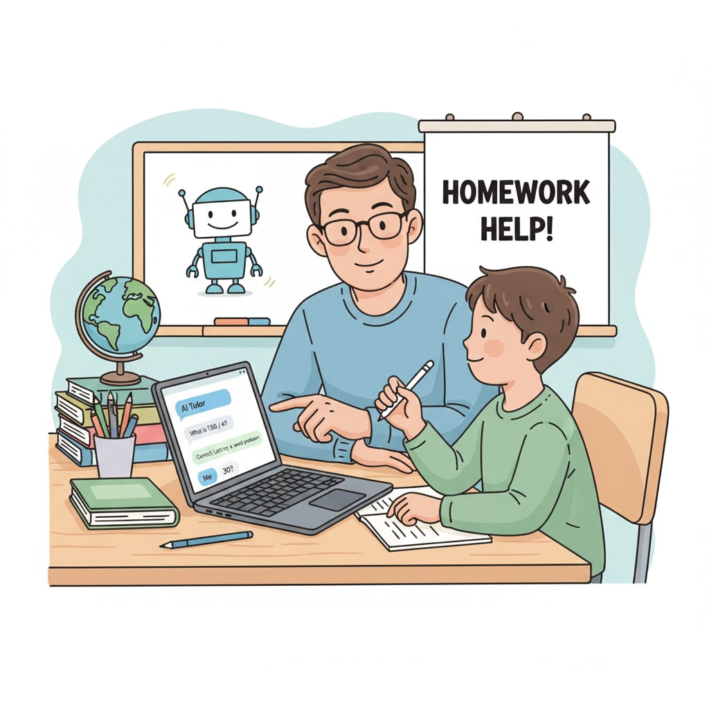 A scene of a parent using AI to help a child with homework, related to AI cheating, parental indulgence, writing ability, and student privilege