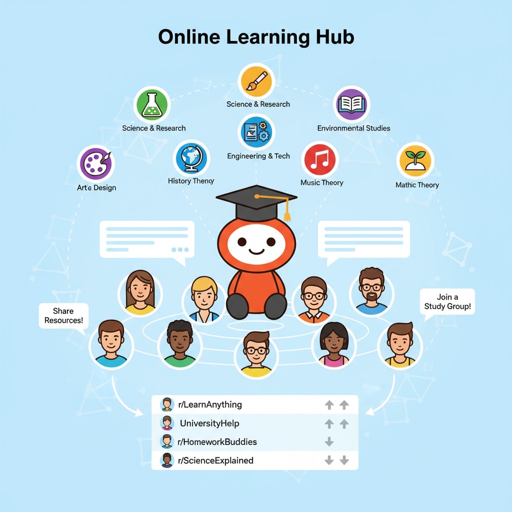 Illustration of people interacting in Reddit's educational community following rules and guidelines.