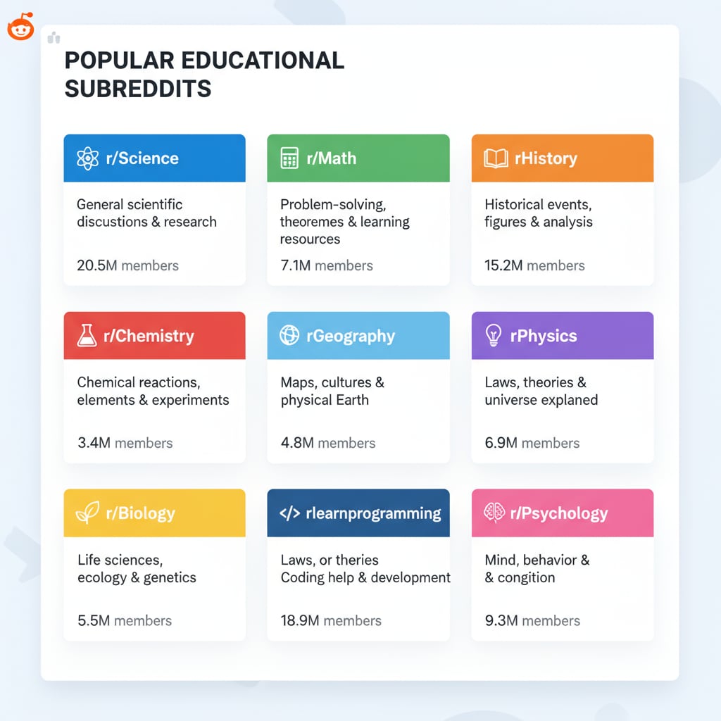 Screenshot of educational subreddits on Reddit with rules and guidelines for posting.