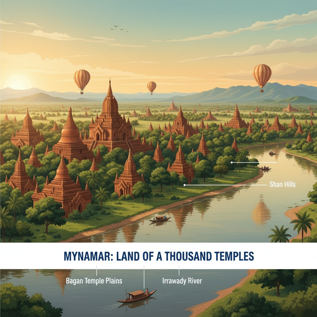 A view of Myanmar's cultural and natural beauty, highlighting its ancient temples and landscapes