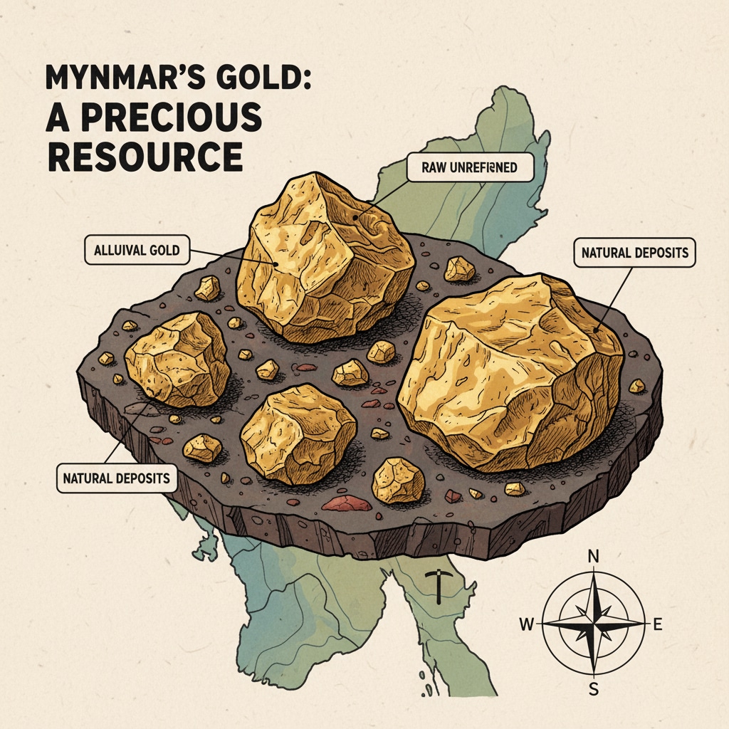 Close-up of gold nuggets from Myanmar, emphasizing the country's valuable gold resource