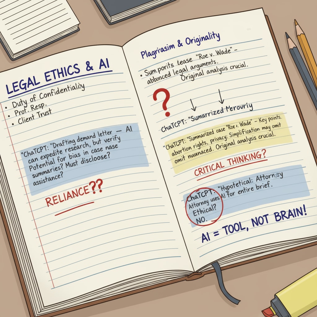 A law student's notes with ChatGPT-generated text, emphasizing the ethical issues in legal debate preparation related to academic integrity.