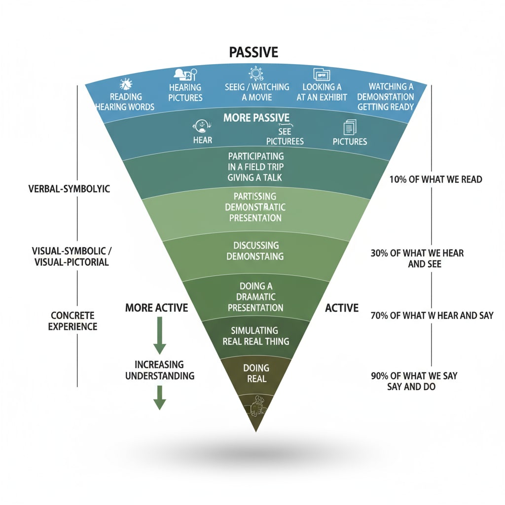 Edgar Dale's Cone of Experience, a key theory in modern learning methods highlighting the importance of experiential learning