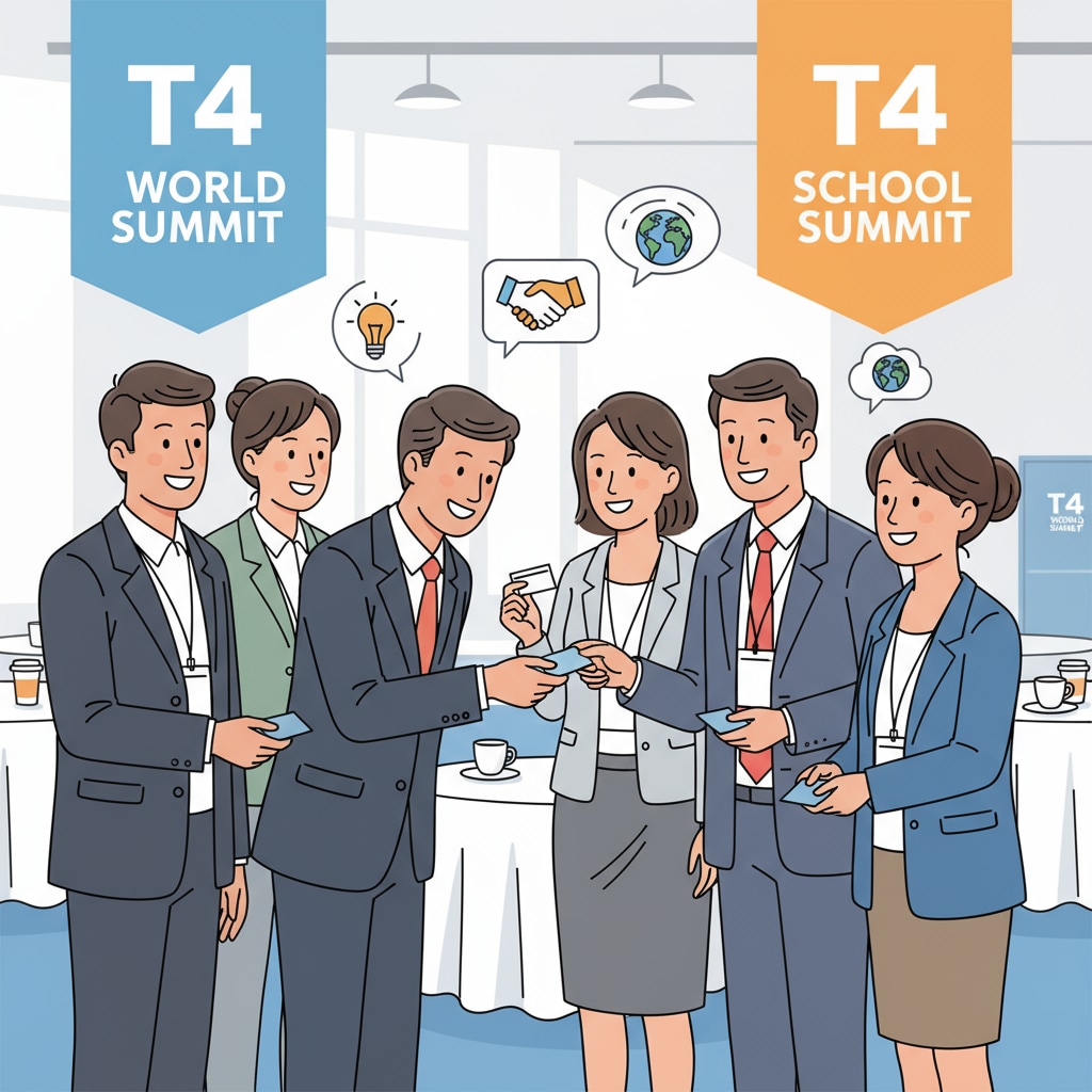 People networking at the T4 World School Summit while showing respect through cultural etiquette in donor relations