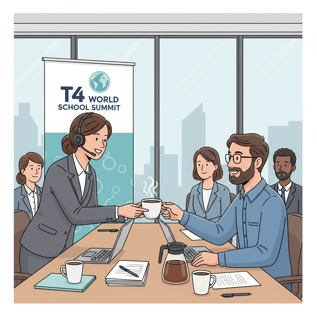 Person offering coffee during a T4 World School Summit meeting as part of cultural etiquette for donor relations