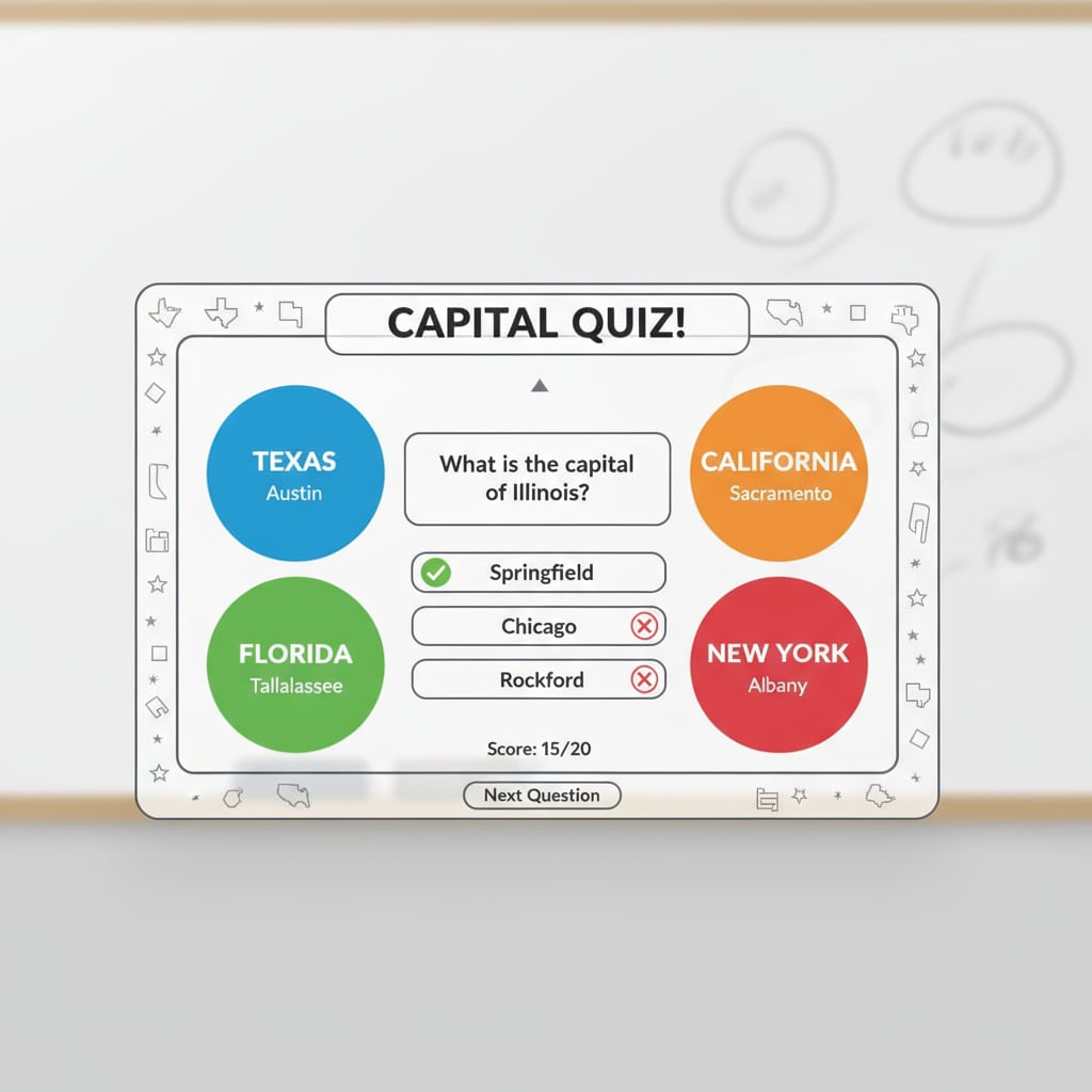 Screenshot of a US state capital learning app interface for geography education.