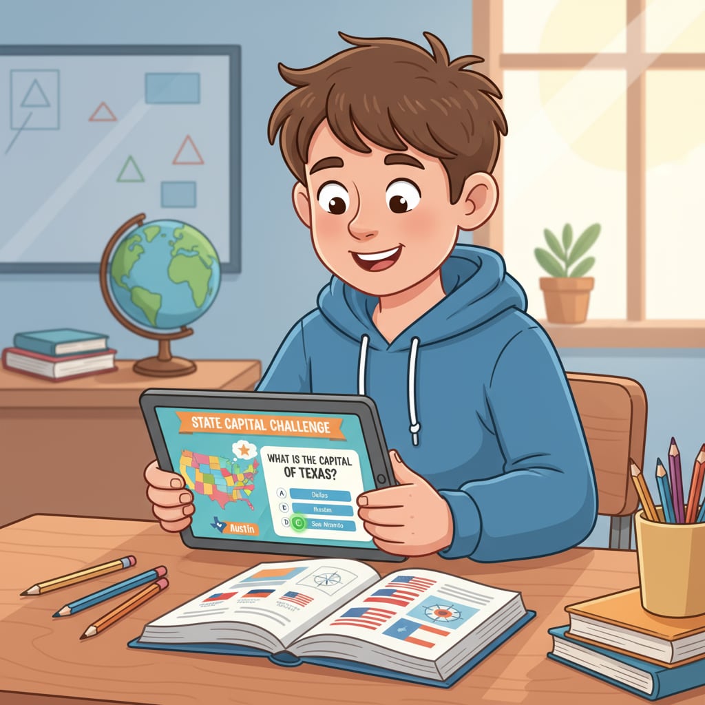 Student using a tablet to play a state capital learning game on an educational app.