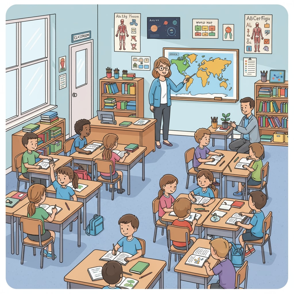 A classroom scene showing the work environment in a school related to teacher issues