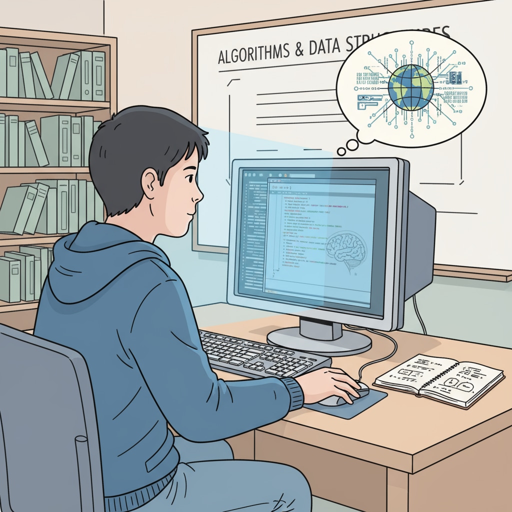 A student working on a computer science project relevant to robotics, computer science, studying abroad, and educational planning