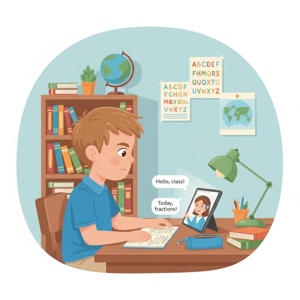 A focused student in an online school setting, highlighting productivity