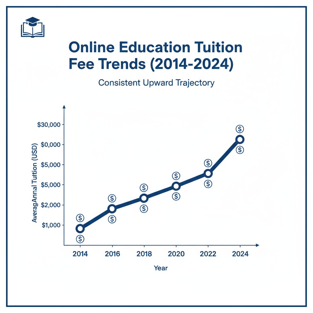 Graph showing the increasing trend of online education tuition costs over the years in relation to online education, data analysis, and tuition costs