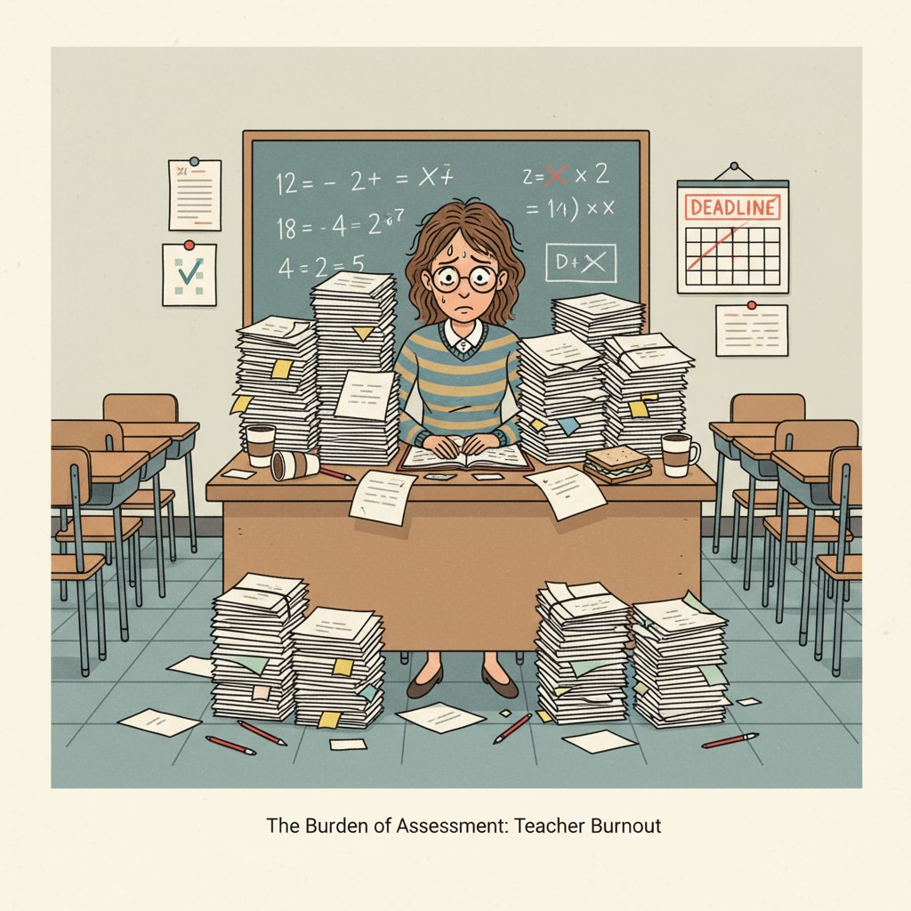 A stressed teacher surrounded by test papers, a result of micro - management and loss of teaching autonomy