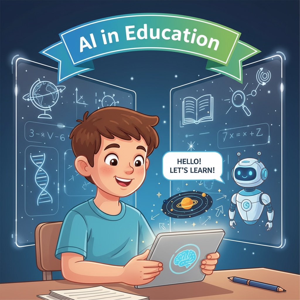 A child interacting with an AI tutor in a virtual classroom for educational innovation