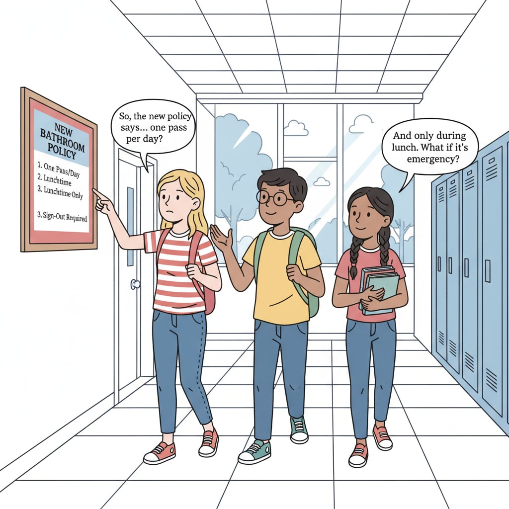 Students discussing the bathroom gender policy in a Fairfax County school corridor