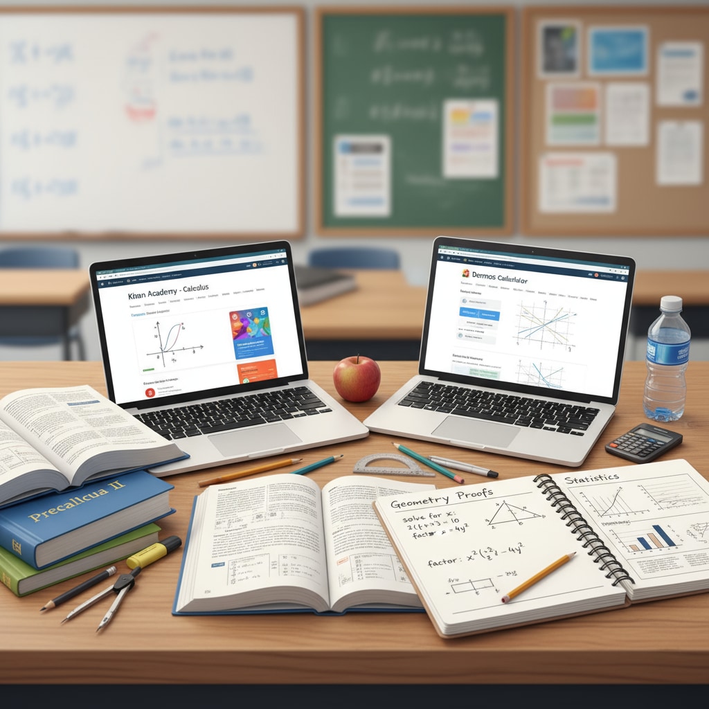 High school students studying math with various learning resources related to standardized tests