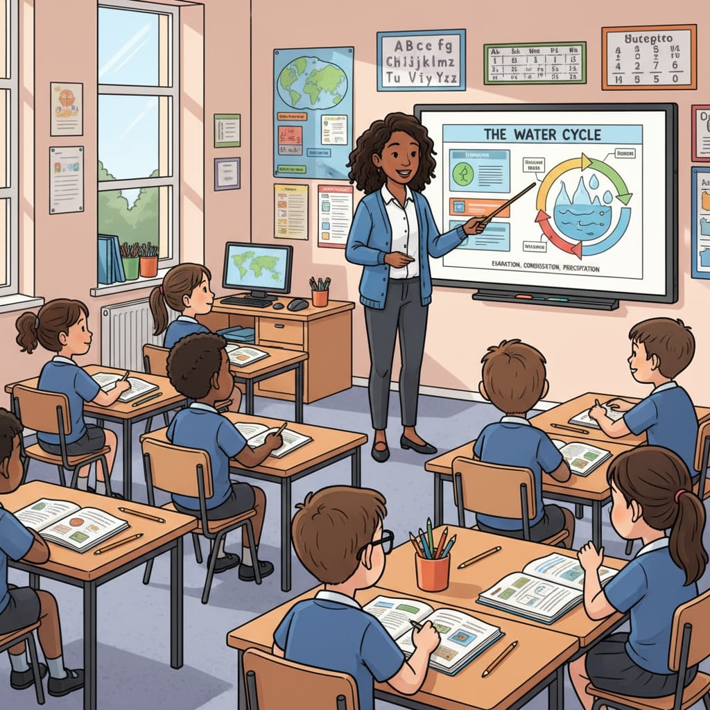 Classroom scene in UK education system related to curriculum reform, AI impact, and assessment methods