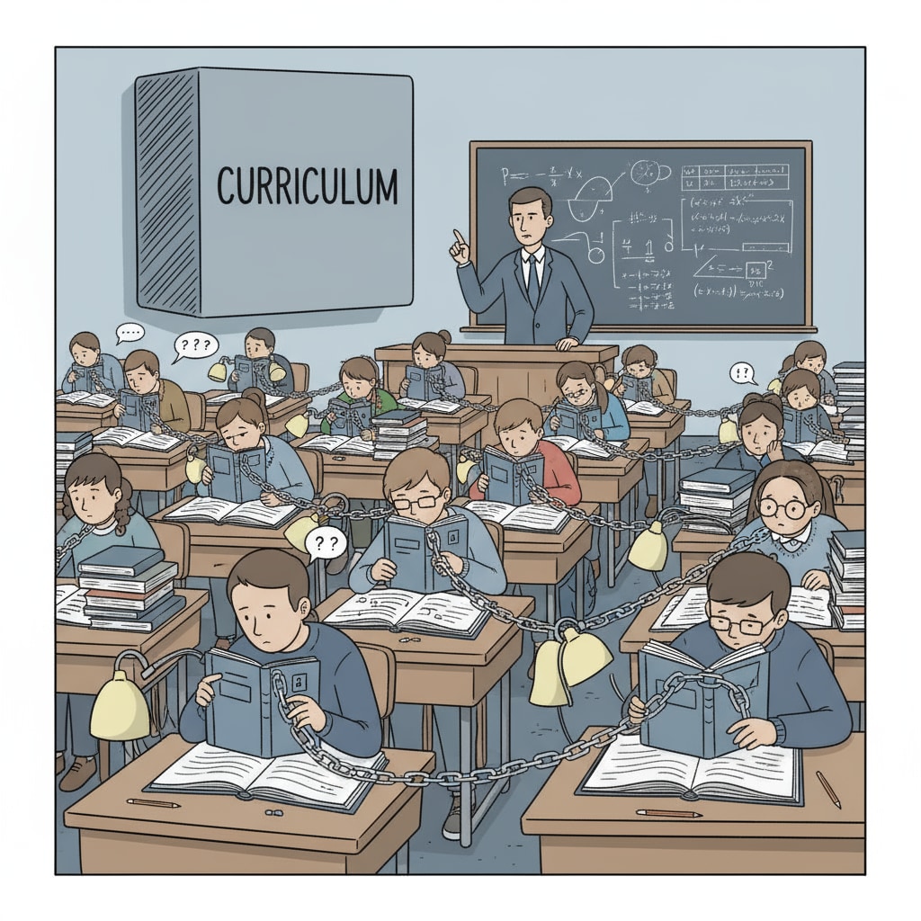 Classroom scene depicting the influence of educational pressure and conformity