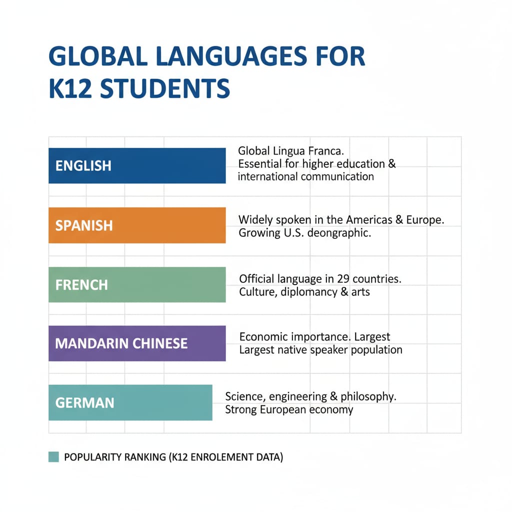 Chart of popular languages for K12 students in multilingual learning, related to language acquisition and learning methods
