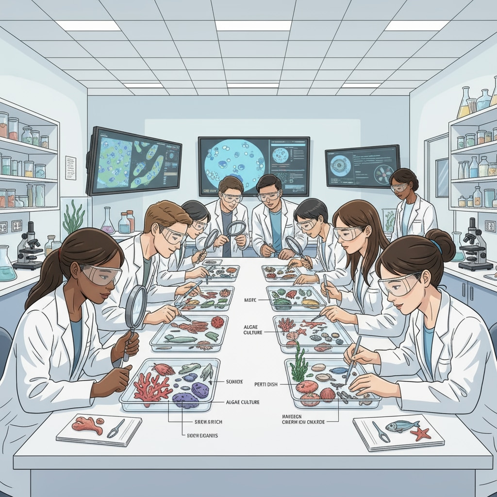Students with no science background examining marine specimens in a laboratory for ocean biology studies