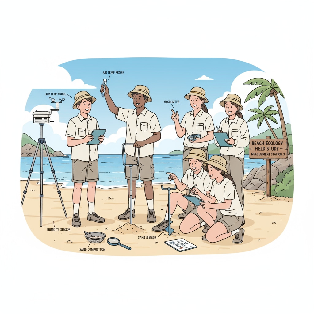 Students with no prior science knowledge conducting a field study on the beach for environmental science