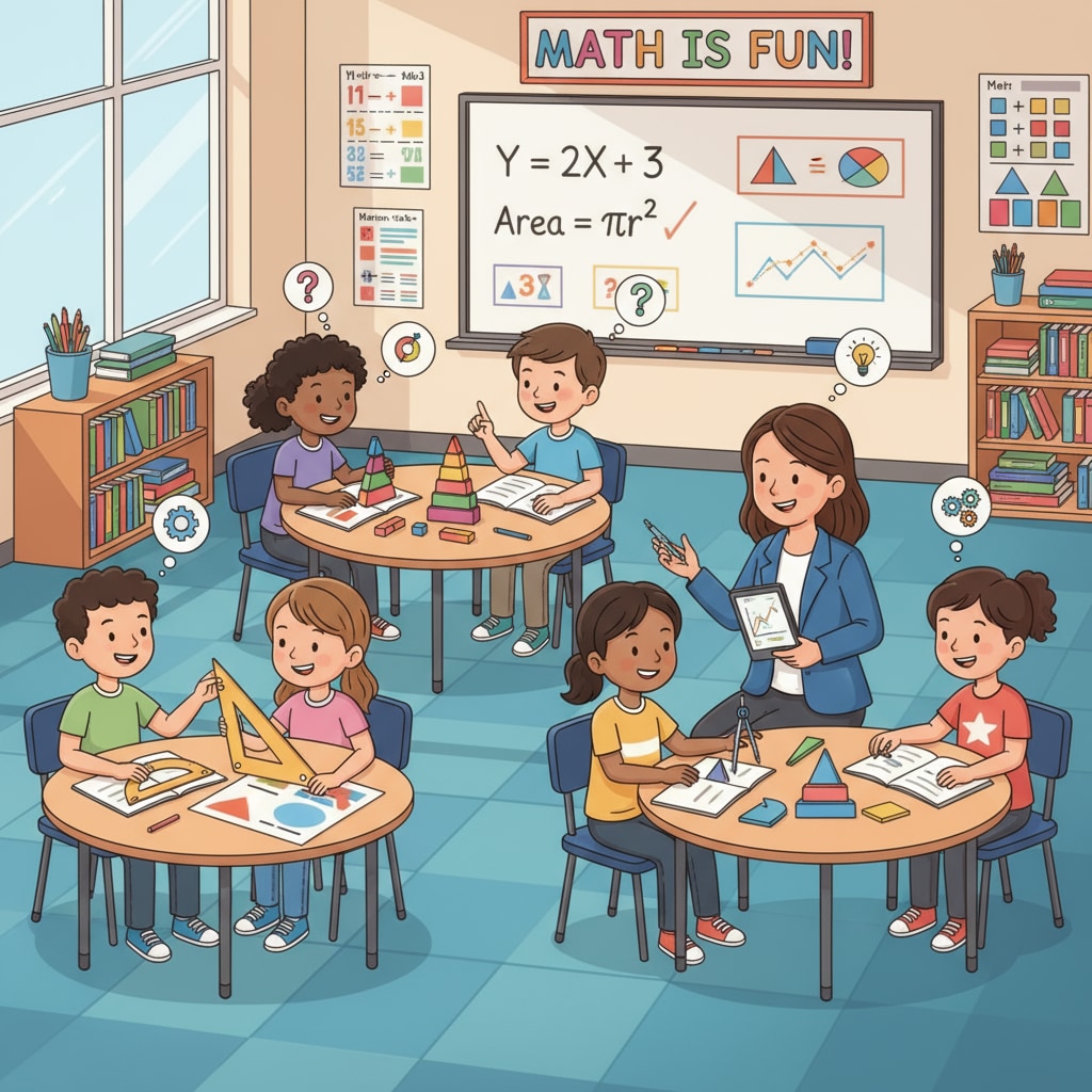 Classroom scene of students in math activities with teacher related to teacher shortages, student tracking, and math education