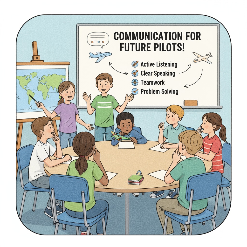 Students in K12 classroom practicing communication skills related to pilot skills