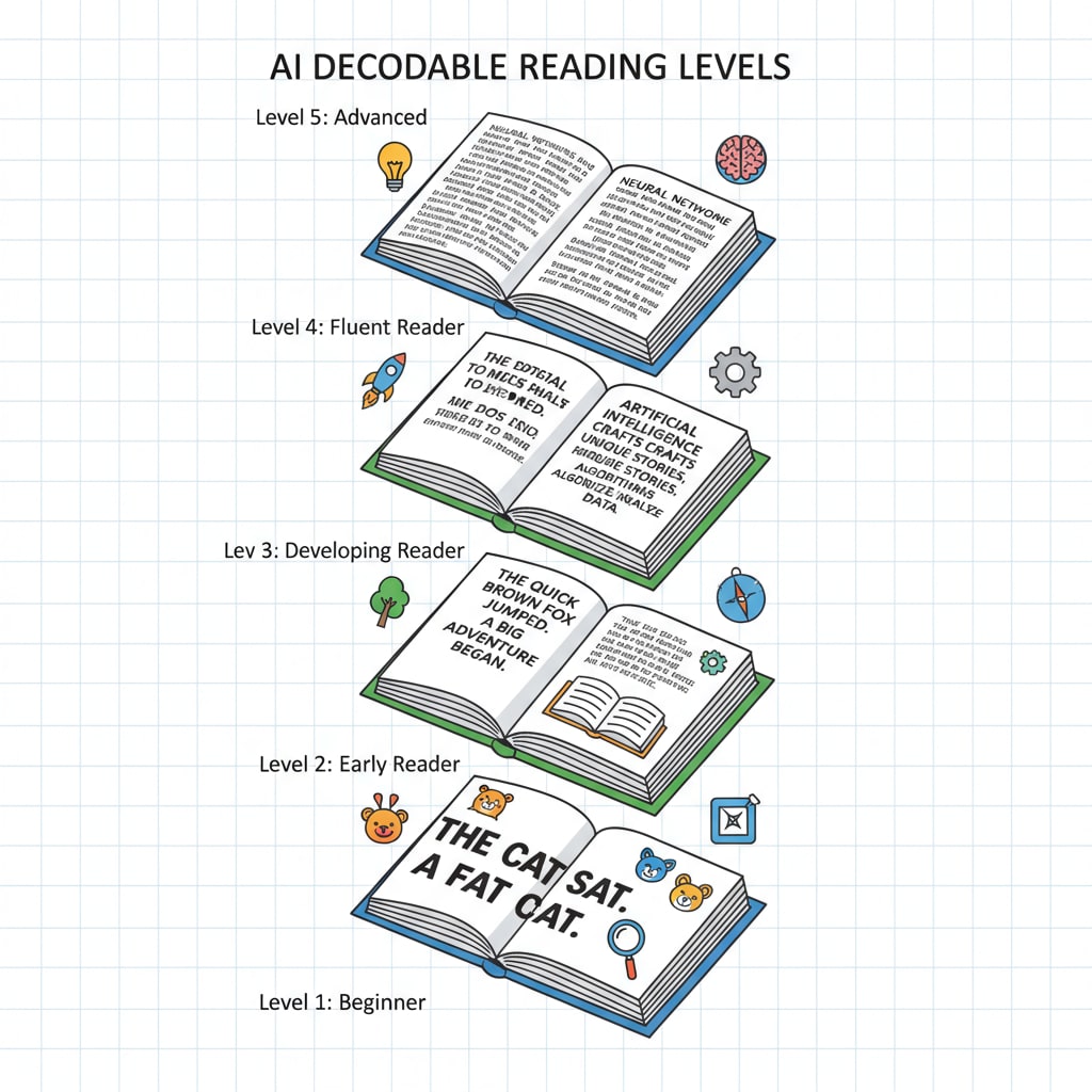 Illustration of the different levels of AI-generated decodable reading materials in educational applications