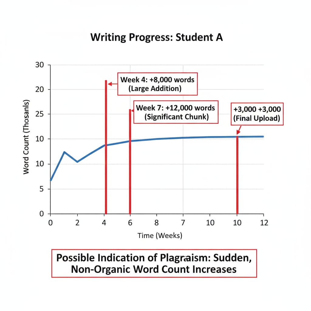 A graph depicting the timeline of a student's writing progress with potential signs of plagiarism