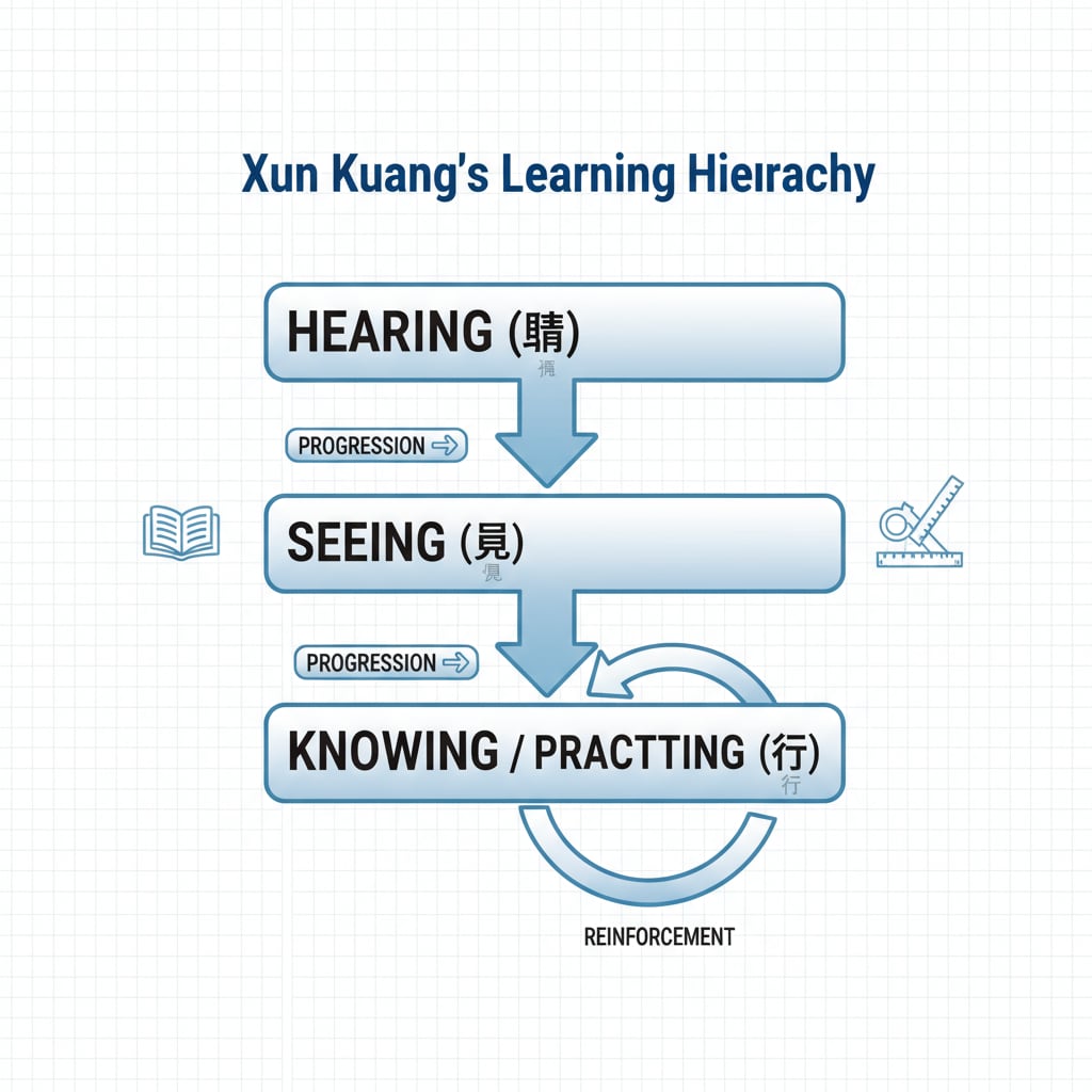 Xun Kuang's learning hierarchy highlighting the importance of practical learning.
