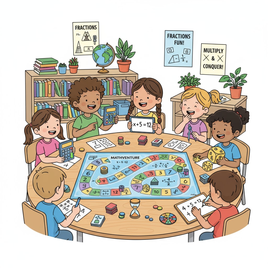 Children playing a math - themed board game as part of math education games, game prototypes, and edutainment