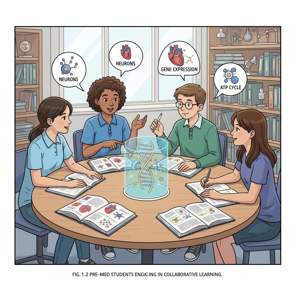High school pre-med students studying together to overcome medical school entrance exam challenges, learning anxiety, and knowledge gaps