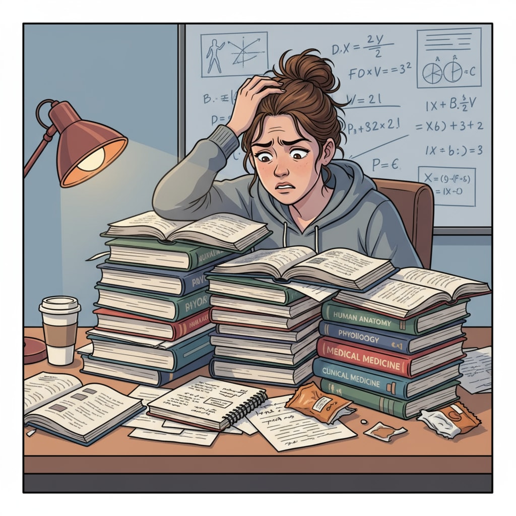 A stressed pre-med student studying for medical school exams, dealing with learning anxiety and knowledge gaps